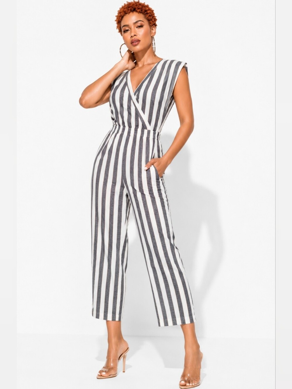 ICHI DESTA JS Gray & White Striped Wrap Jumpsuit
